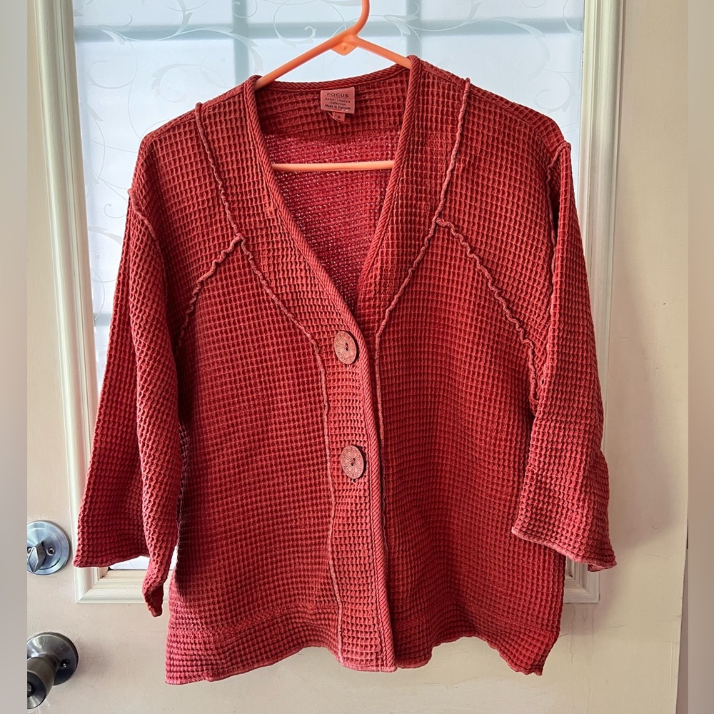 FOCUS casual lifestyle size small waffle knit thermal 2 button 3/4 sleeve jacket